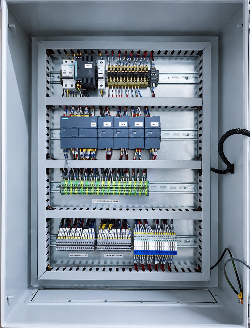 Tablero de automatización. Controlador programable con módulos de entradas y salidas, fuente de alimentación y borneras identificadas.